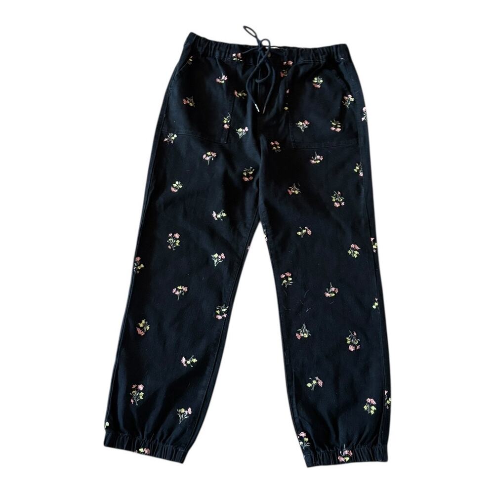 Tinseltown Black Embroidered Floral Elastic Cuff Pants Size 15